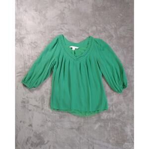 Diane von Furstenberg Blouse Womens P Silk Green V-Neck Pleated Lined Shirt Top